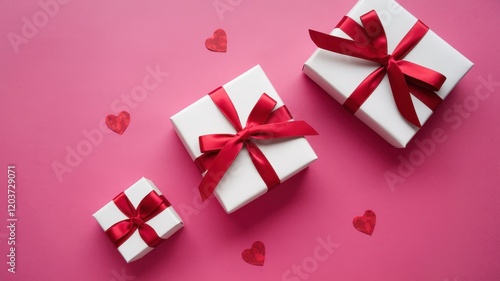 Three white boxes with red ribbons and hearts on the bottom