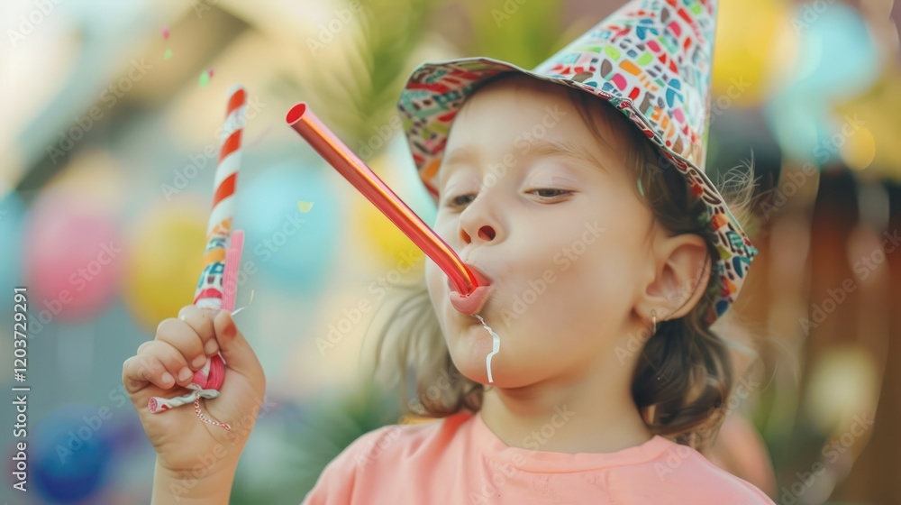 Girl Celebrating Birthday with Party Blowers Girl Celebrating Birthday with Party Blowers