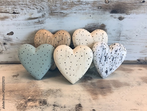 Five decorative hearts, various colors and patterns, wood background. photo