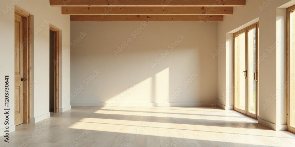 Fototapeta premium Sunlight Streams Through Large Windows in a Modern Empty Room with Light Wood Beams and Doors
