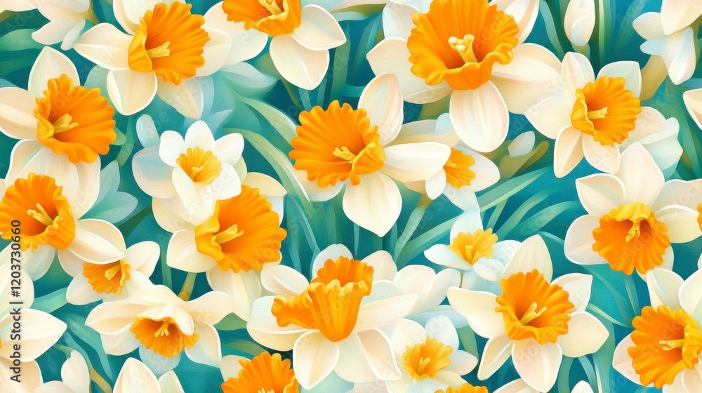 Mini yellow daffodils seamless pattern, vibrant floral design, intricate details, perfect for textiles, wallpapers, and decorative projects Mini yellow daffodils seamless pattern, vibrant floral design, intricate details, perfect for textiles, wallpapers, and decorative projects