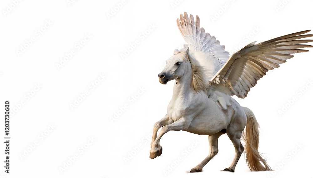 Pegasus is a winged horse in Greek mythology, depicted as a white or black stallion. He was sired by Poseidon, in his role as horse god, and foaled by the Gorgon Medusa. Isolated with copy space Pegasus is a winged horse in Greek mythology, depicted as a white or black stallion. He was sired by Poseidon, in his role as horse god, and foaled by the Gorgon Medusa. Isolated with copy space