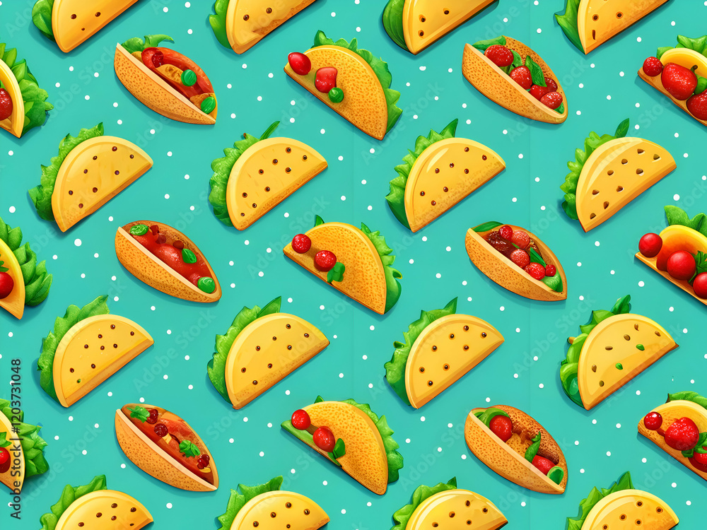 A colorful pattern of cartoon tacos on a turquoise background. A colorful pattern of cartoon tacos on a turquoise background.
