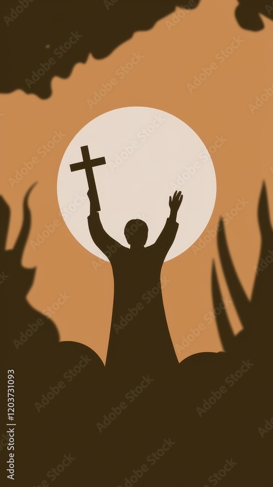 Man is holding a cross and is standing in front of a moon Man is holding a cross and is standing in front of a moon