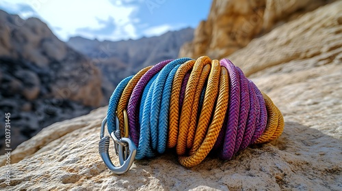 A colorful climbing rope is a durable, multi-hued cord designed for outdoor adventures and sports. Made from strong, weather-resistant materials, it provides safety and reliability for climbing, hikin photo