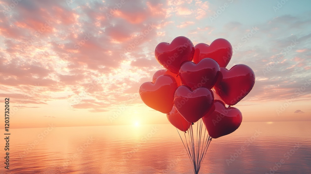 Fototapeta premium A Valentine's Day heart-shaped balloon bouquet, with balloons floating in a soft breeze against a pink sunset sky