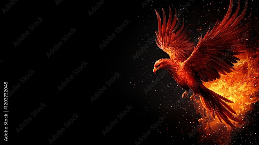 Obraz premium Fiery phoenix soaring through the dark, surrounded by flames and sparks, symbolizing rebirth and transformation.