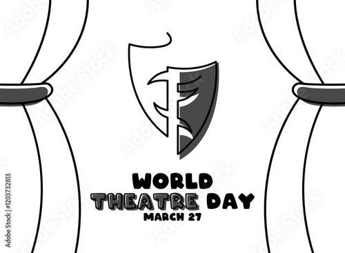 World Theatre Day. March 27. Abstract mask icon. Curtain. Line. Outline. Doodle. Black and white design vector. Poster, banner, card, background.