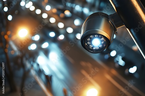 Realistic wall mounted CCTV camera on the street, sleek modern design with metal finish, surrounded by subtle lighting, capturing a high-tech and safe atmosphere
