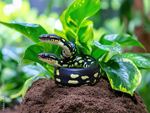 Exotic snakes, including python, boa constrictor, and cobra, slither through their natural habitats, showcasing their striking patterns, powerful forms, and captivating presence in the wild. photo