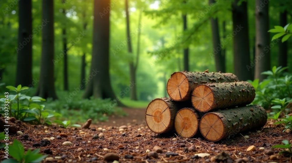 Serene Forest Path with Stacked Logs in Sunlight Serene Forest Path with Stacked Logs in Sunlight