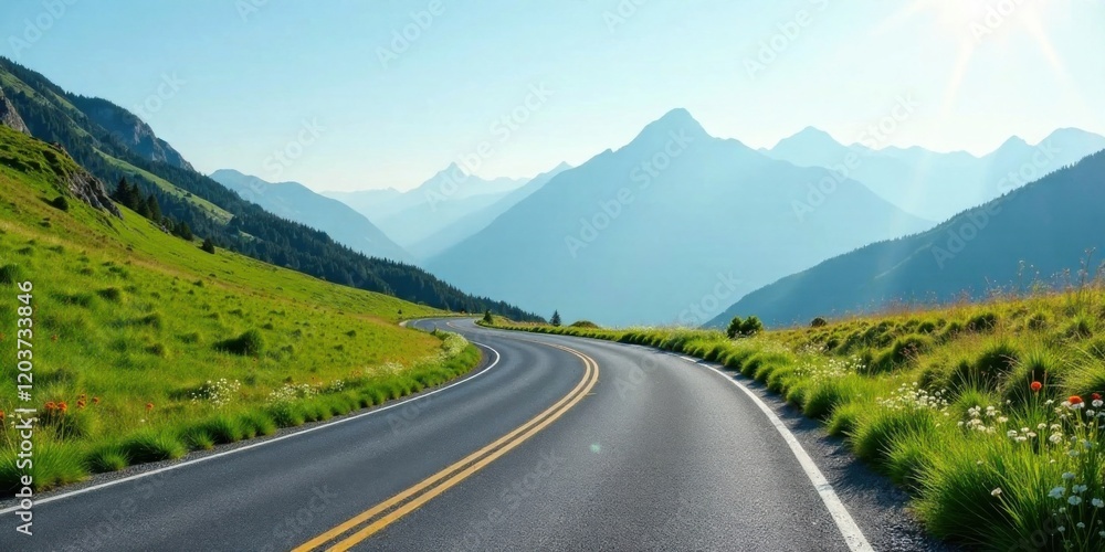 Fototapeta premium Serene Winding Asphalt Road Through Lush Green Mountain Meadow Under a Bright Sunny Sky