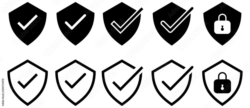 Shield check mark icon and shield lock icon privacy symbol - security shield protection icon with tick symbol. Shield check mark icon and shield lock icon privacy symbol - security shield protection icon with tick symbol.