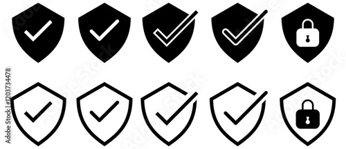 Shield check mark icon and shield lock icon privacy symbol - security shield protection icon with tick symbol. 