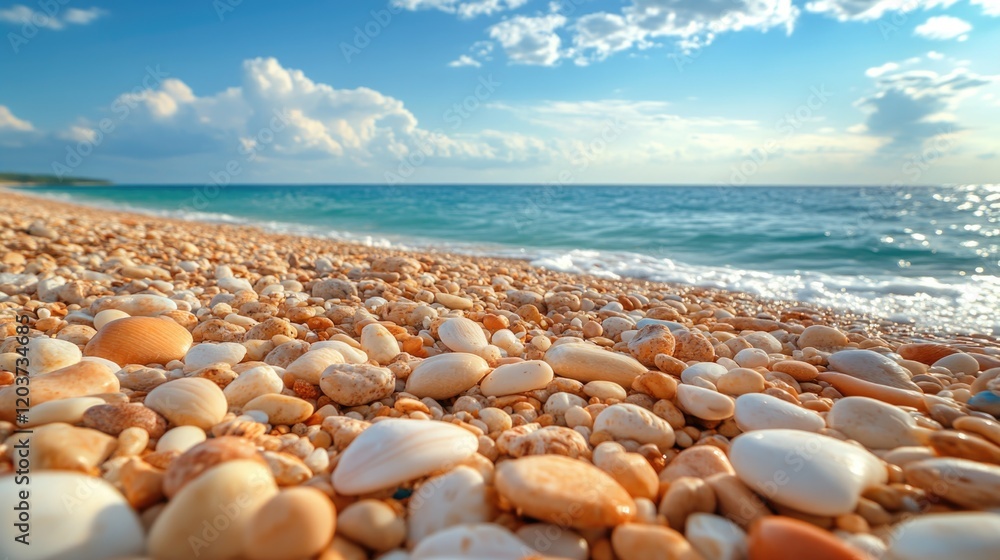 Sunny beach with seashells and calm waves under clear blue sky Sunny beach with seashells and calm waves under clear blue sky