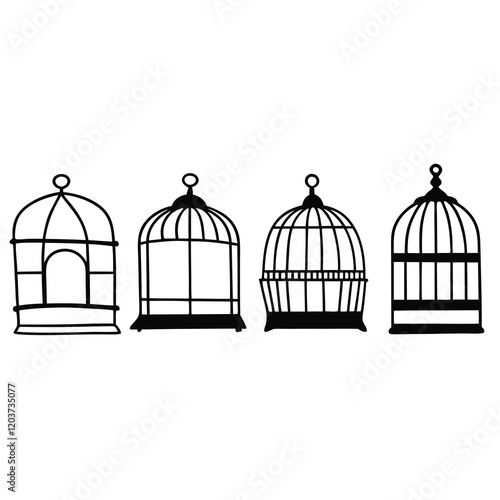 Minimalist bird cages, black silhouettes, vintage birdcage designs, decorative wire cages, empty bird cages, symmetrical cage arrangement, Victorian style bird enclosures, 