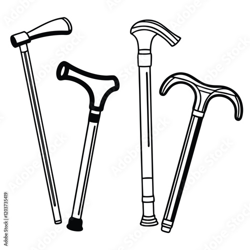 Walking sticks canes set  vector illustration, mobility aids, black and white illustration, line drawing, medical equipment, assistive devices, elderly support, orthopedic tools, 