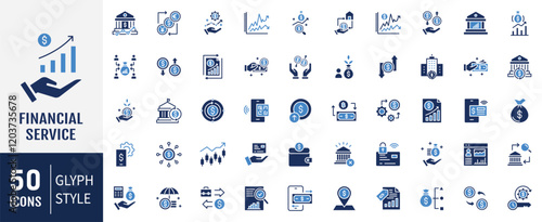 Financial service flat icon set. Containing bank, money, wealth management, insurance, foreign exchange, mutual funds icon. Vector illustration