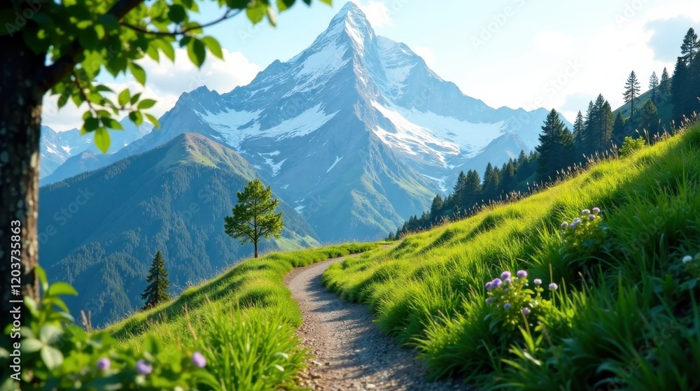 Fototapeta premium Serene Mountain Path Winding Through Lush Alpine Meadows Towards Majestic Peak