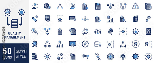 Quality management flat icon set. Containing assurance, product, service, improvement, achieve, planning, customer icon. Vector illustration