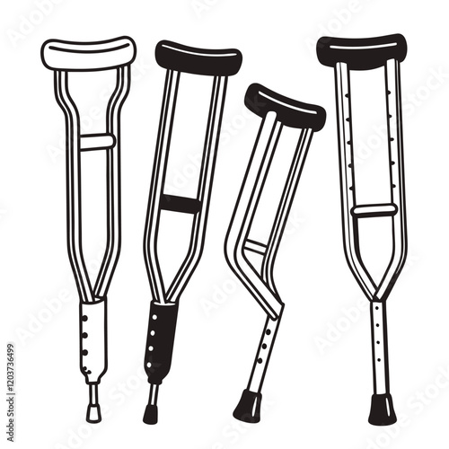 medical equipment, crutches, mobility aids, assistive devices, black and white illustration, simple line drawing, medical supplies, orthopedic tools, rehabilitation tools, walking aids, hospital gear,