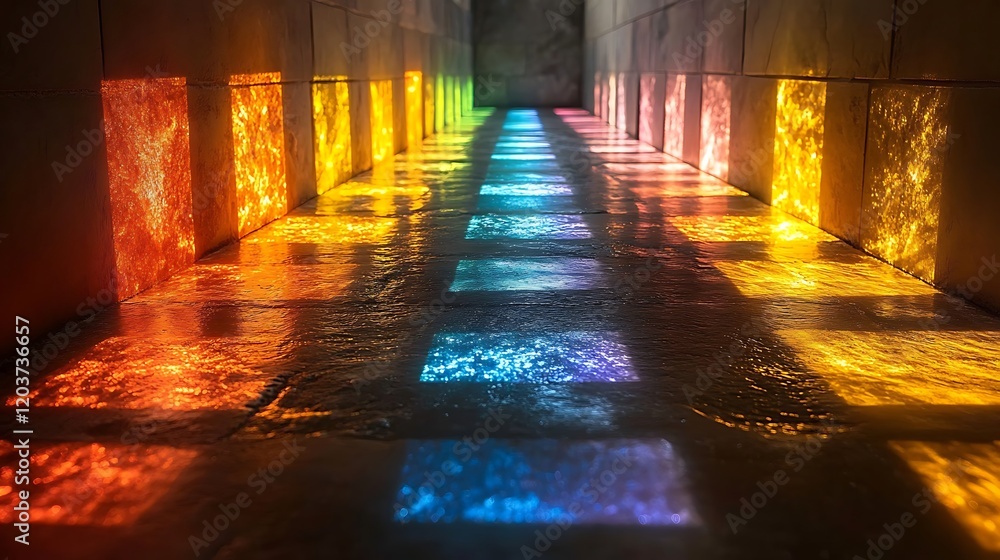 Rainbow Pathway of Light: A mesmerizing perspective down a corridor illuminated by vibrant, multicolored glass panels, casting a kaleidoscope of light and shadow on the floor. Rainbow Pathway of Light: A mesmerizing perspective down a corridor illuminated by vibrant, multicolored glass panels, casting a kaleidoscope of light and shadow on the floor.