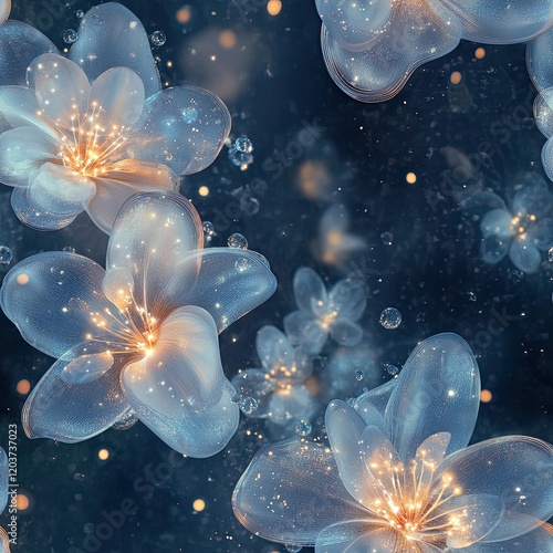 Floating flowers with glowing firefly - like centers against a dreamy twilight background . Seamless abstract 3d pattern background