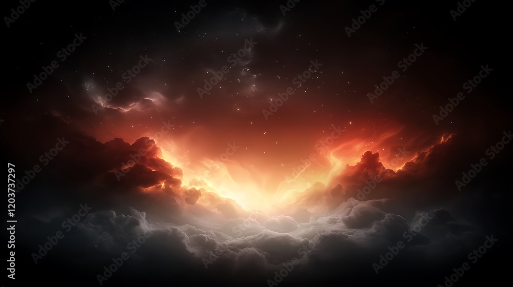 Fototapeta premium Dramatic sunset over a mystical landscape with vibrant clouds and twinkling stars