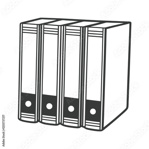 black and white illustration, file organizers, office supplies, binders, vertical alignment, minimalist design, clean lines, organizational tools, simple sketch, monochrome graphic, document storage, 