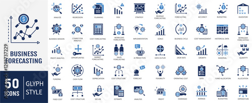 Business forecasting flat icon set. Containing prediction, analyze, data, trend, budgeting, accuracy, strategy icon. Vector illustration