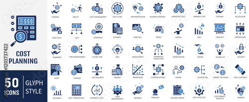 Cost planning flat icon set. Containing budget, expense, estimate, investment, allocation, funding icon. Vector illustration