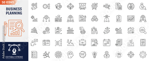 Business planning line icon set. Editable stroke. Containing project management, statistics, continuous, target, strategy, schedule icon. Vector illustration