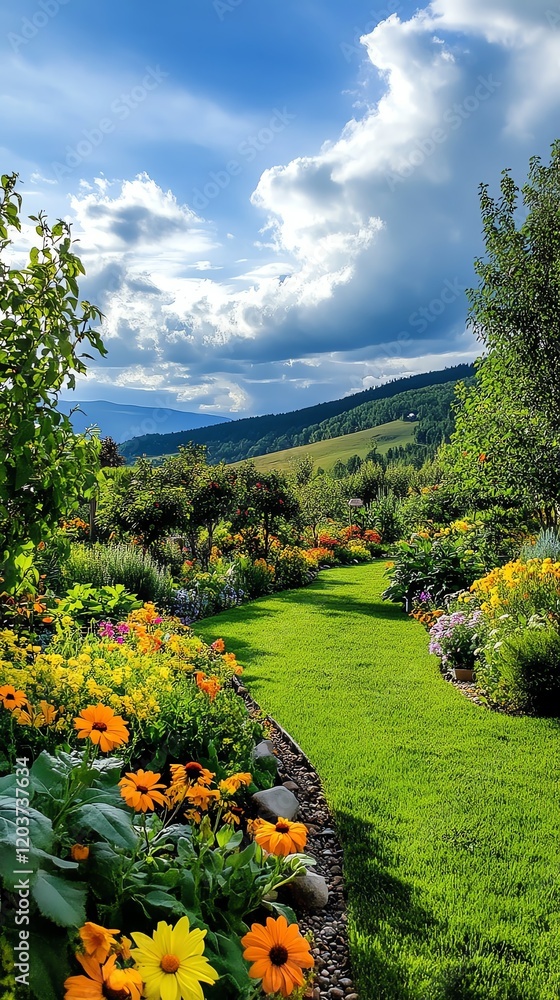 Obraz premium A backyard orchard with a mix of fruit trees, surrounded by wildflowers to attract pollinators and promote biodiversity