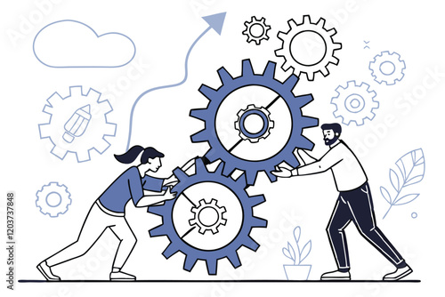 Business teamwork, interconnected gears, collaboration concept, blue monochromatic illustration, flat design, simplified human figures, problem-solving, synergy, machine learning, artificial intellige
