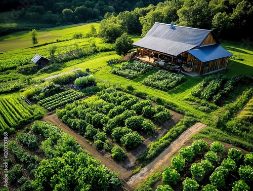 A biodiverse ecofarm with freerange chickens, vegetable gardens, and interactive farm activities for families photo