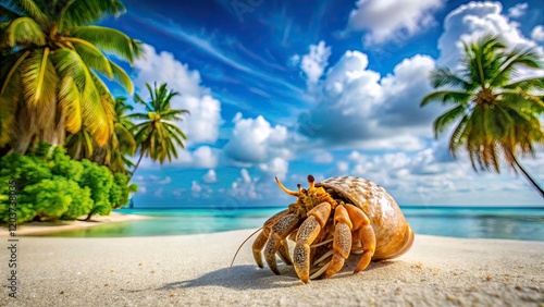 Stunning Hermit Crab on the Pristine Beaches of Ukulhas, Maldives - A Tropical Paradise with Crystal Clear Waters and White Sandy Shores photo