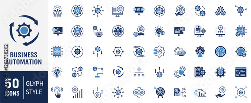 Business automation flat icon set. Containing business process, digital transformation, industry 4.0, productivity, technology, integration icon. Vector illustration