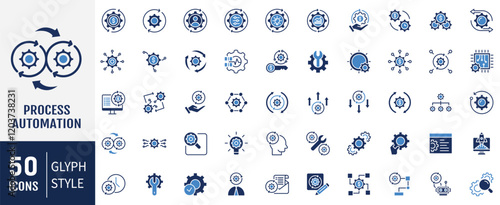 Process automation flat icon set. Containing business process, digital transformation, industry 4.0, productivity, technology, integration icon. Vector illustration