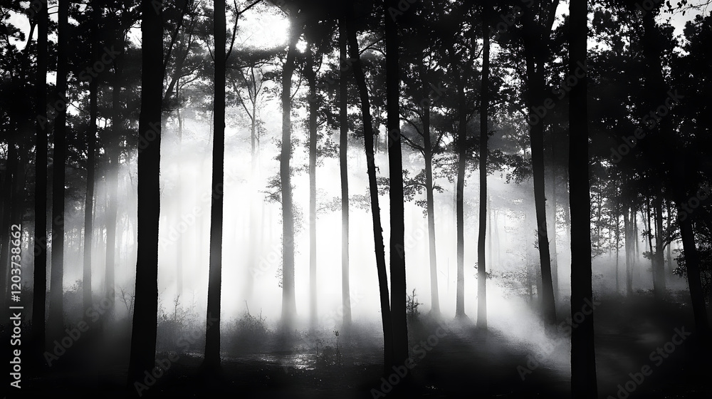 Mystische Stille – Nebelverhangener Wald in Schwarz-Weiß Mystische Stille – Nebelverhangener Wald in Schwarz-Weiß