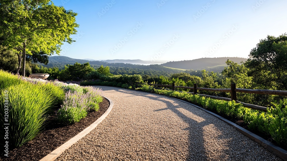 Obraz premium A horseshoeshaped gravel driveway surrounded by native plants and framed by rustic wooden fencing