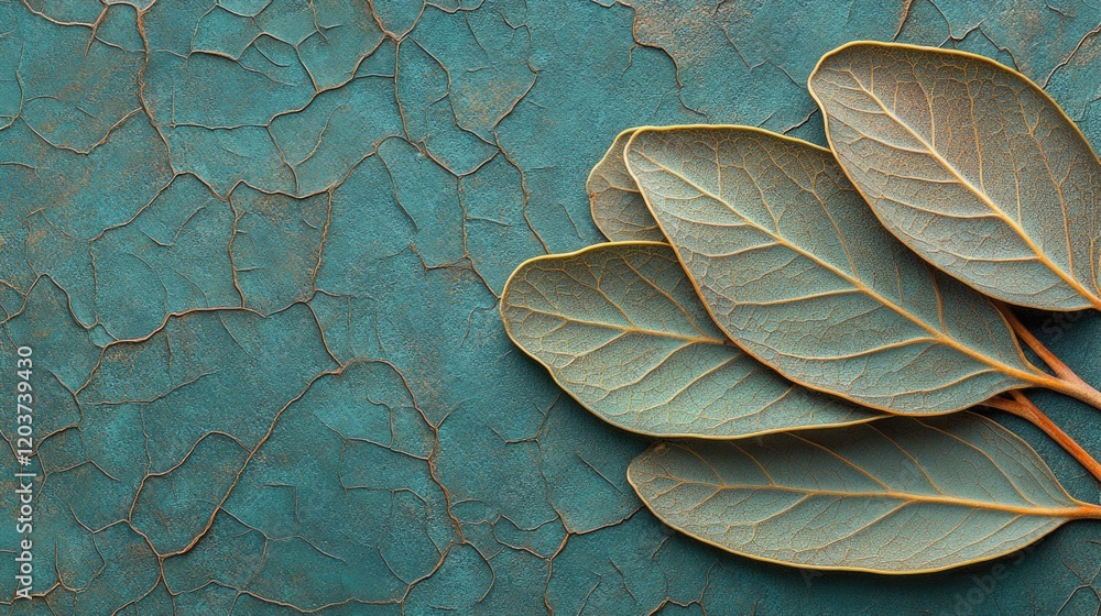 Obraz premium Dried leaves on cracked blue background with textured patterns