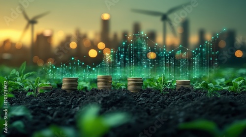 Sustainable growth: coin stacks in soil with renewable energy graph and city skyline