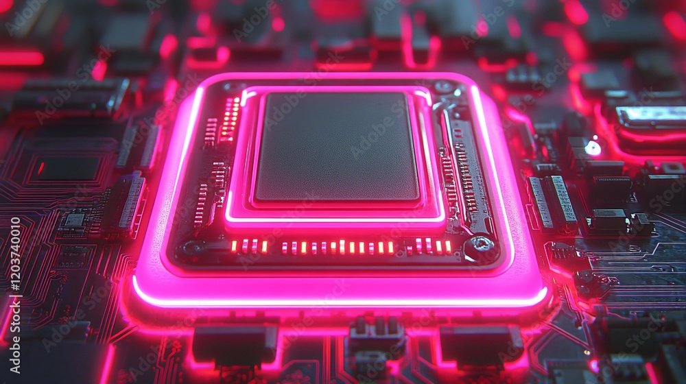 Obraz premium 3D Render of Computer Chip on Circuit Board with Glowing Elements, High-Tech, Digital Innovation, Future Technology, Electronic Engineering