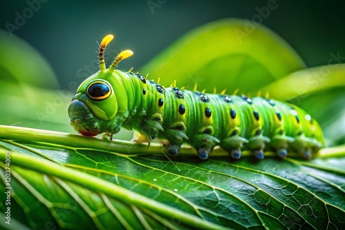 Inchworm on Green Leaf, Macro Photography, High Depth of Field, Nature Stock Photo photo