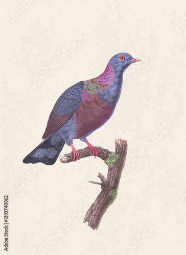 Pigeon illustration. Digital AI artwork of a pigeon with classic inspiration, set against a grunge-textured paper background. photo