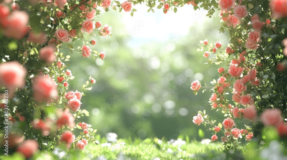 Serene garden view framed by pink roses in bloom with lush greenery. March 8, International Women's Day. Mother's Day Serene garden view framed by pink roses in bloom with lush greenery. March 8, International Women's Day. Mother's Day