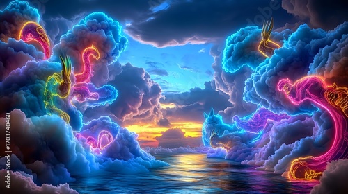 neon dragons in dreamy cloudscape - vibrant color palettes photo