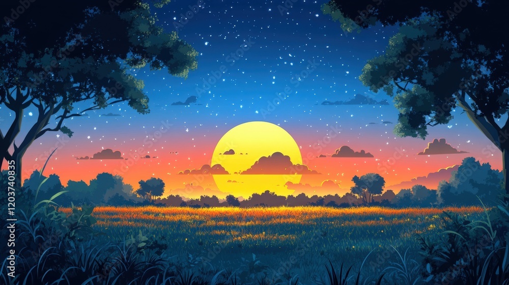 Vibrant sunset over field, star-studded sky, tranquil nature scene, beautiful landscape Generated AI Vibrant sunset over field, star-studded sky, tranquil nature scene, beautiful landscape Generated AI