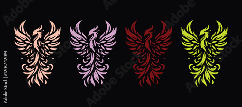 Set of four colorful phoenix designs with intricate feather details, symbolizing strength, rebirth, and power on a dark background.