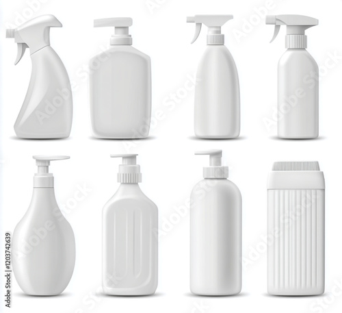 A collection of various white plastic clear bottles, spray bottles and tubes neatly arranged, isolated on a clean white background. photo